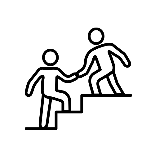 Comprendere. Infografica rappresenta due persone stilizzate sopra una scala. La persona più in alto aiuta la persona più in basso a salire. Comprendere significa ascoltare e capire la situazione per poter dare il giusto supporto e aiuto in base alla necessità.