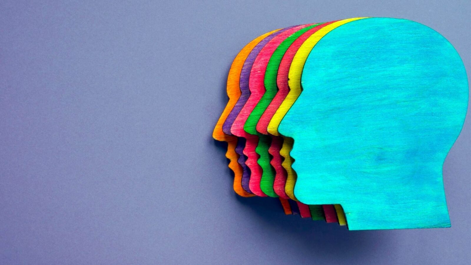 Comunicare in modo inclusivo Immagine che rappresenta sette volti di profilo, creati con il legno e colorati di giallo, rosso, blu, verde, viola e arancione. Rappresentano le diversità e le persone